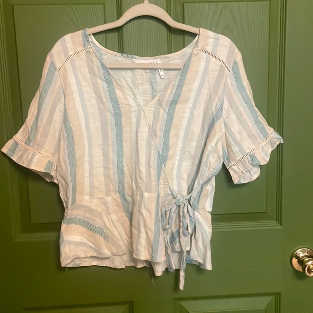 Adorable striped faux wrap bell short sleeve blouse